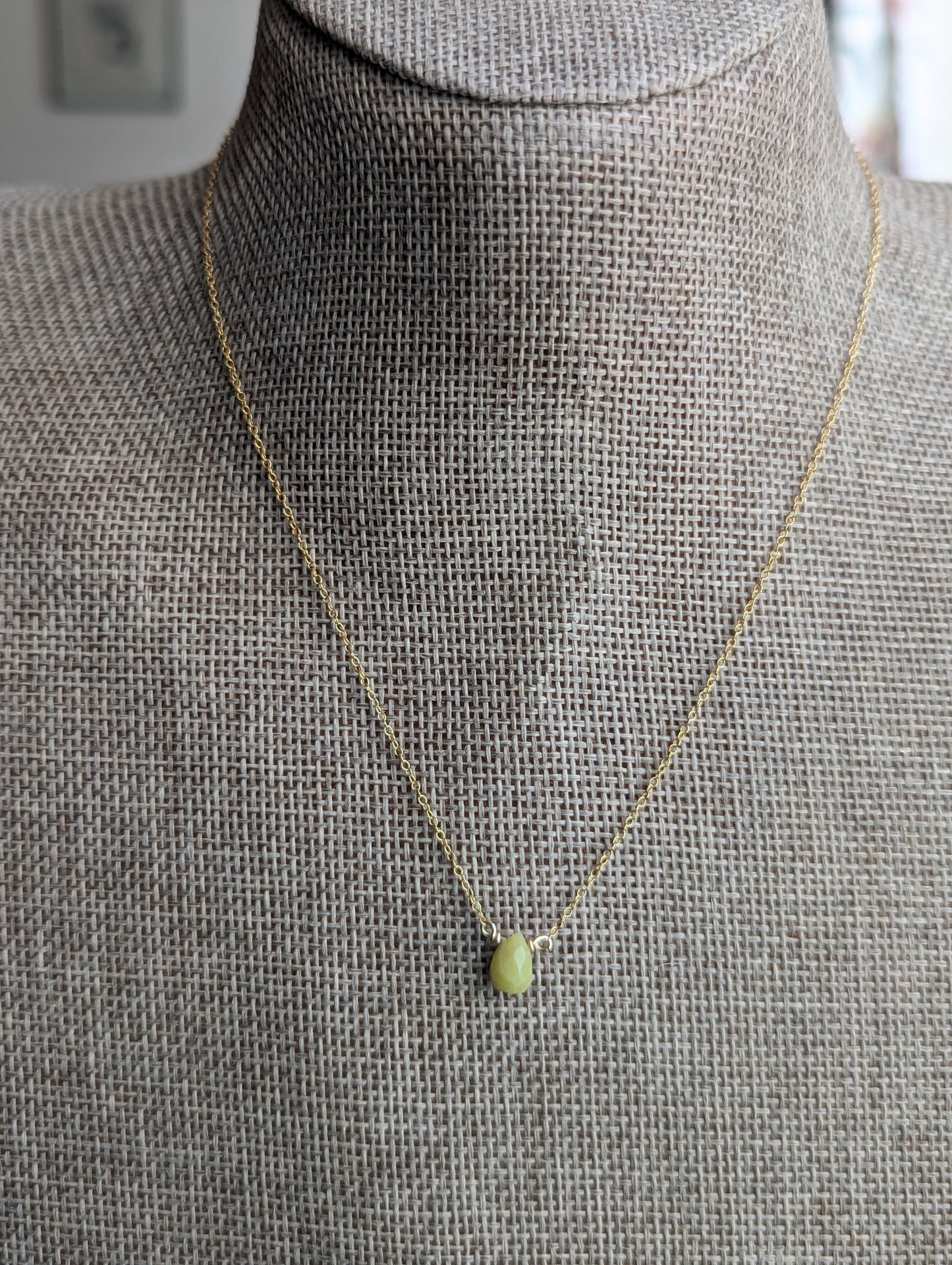 Yellow Jade Teardrop Pendant on 14k Gold Fill