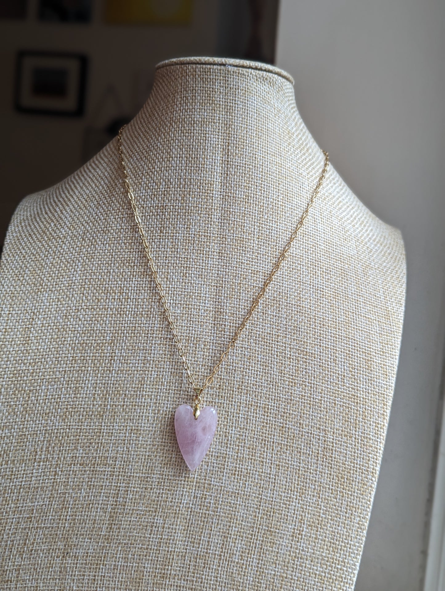 Colgante de corazón de cuarzo rosa (plata u oro) de acero inoxidable