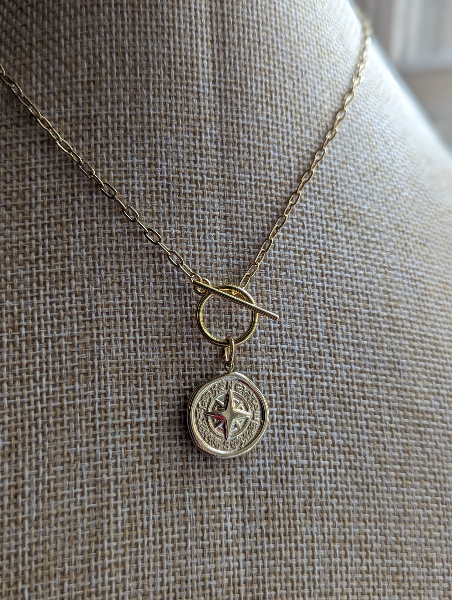 Compass Pendant Toggle Clasp on Gold Paper Clip Chain