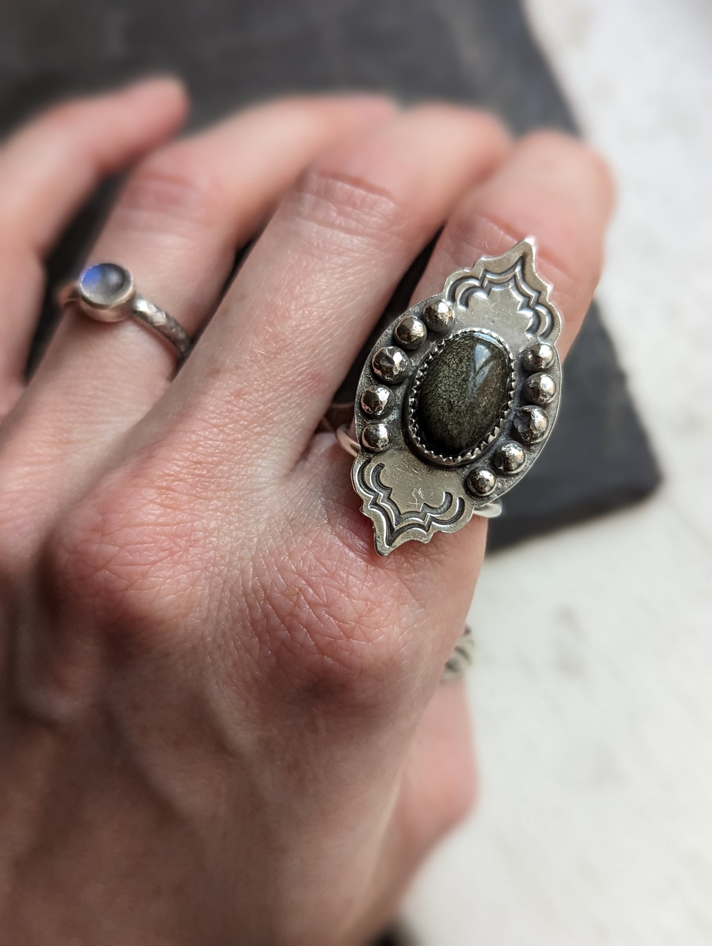 Silver Sheen Obsidian Stamped Ring - Size 7
