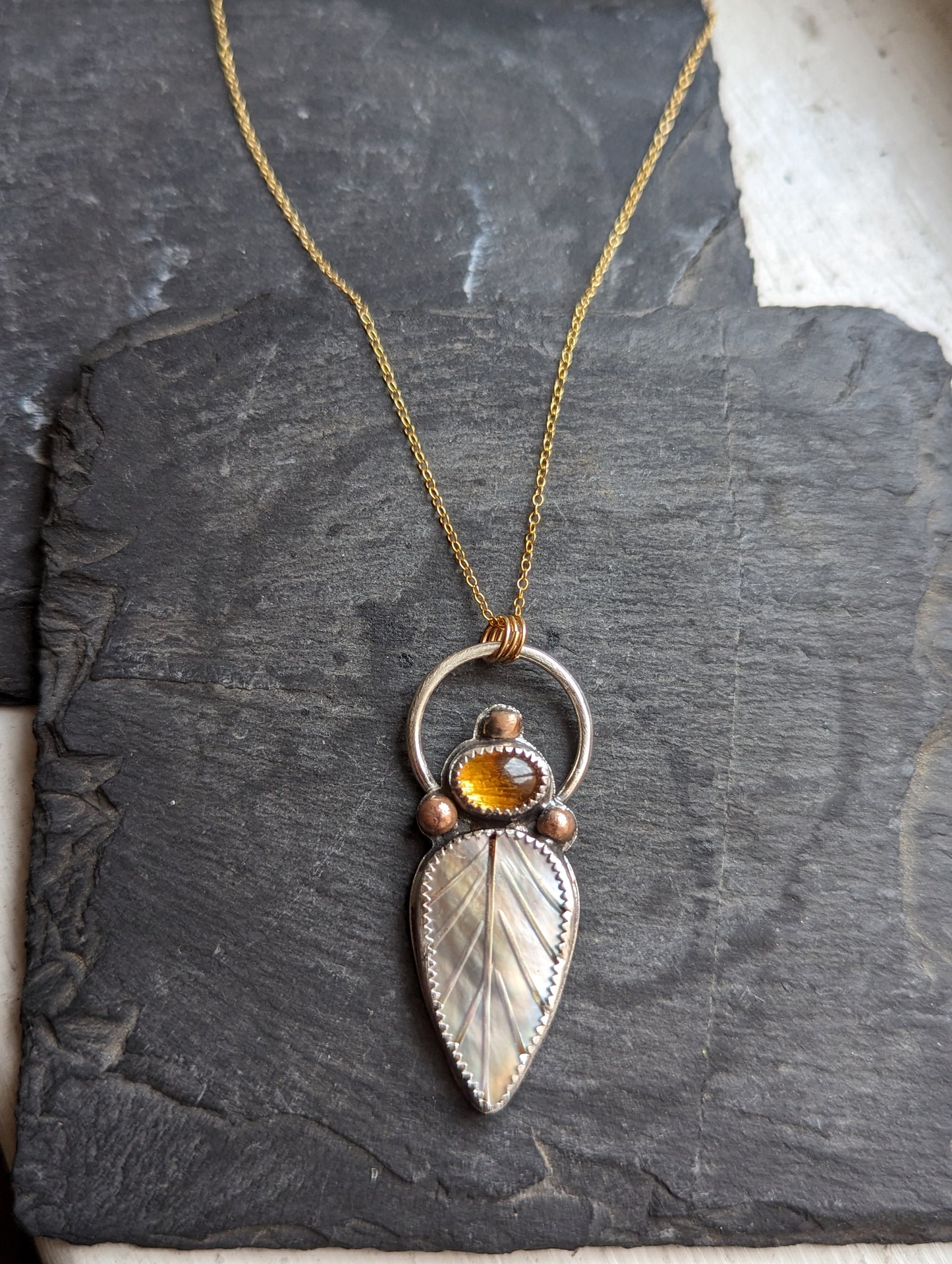 Mother of Pearl Leaf with Citrine Mixed Metal 14kGF and Sterling Silver Necklace