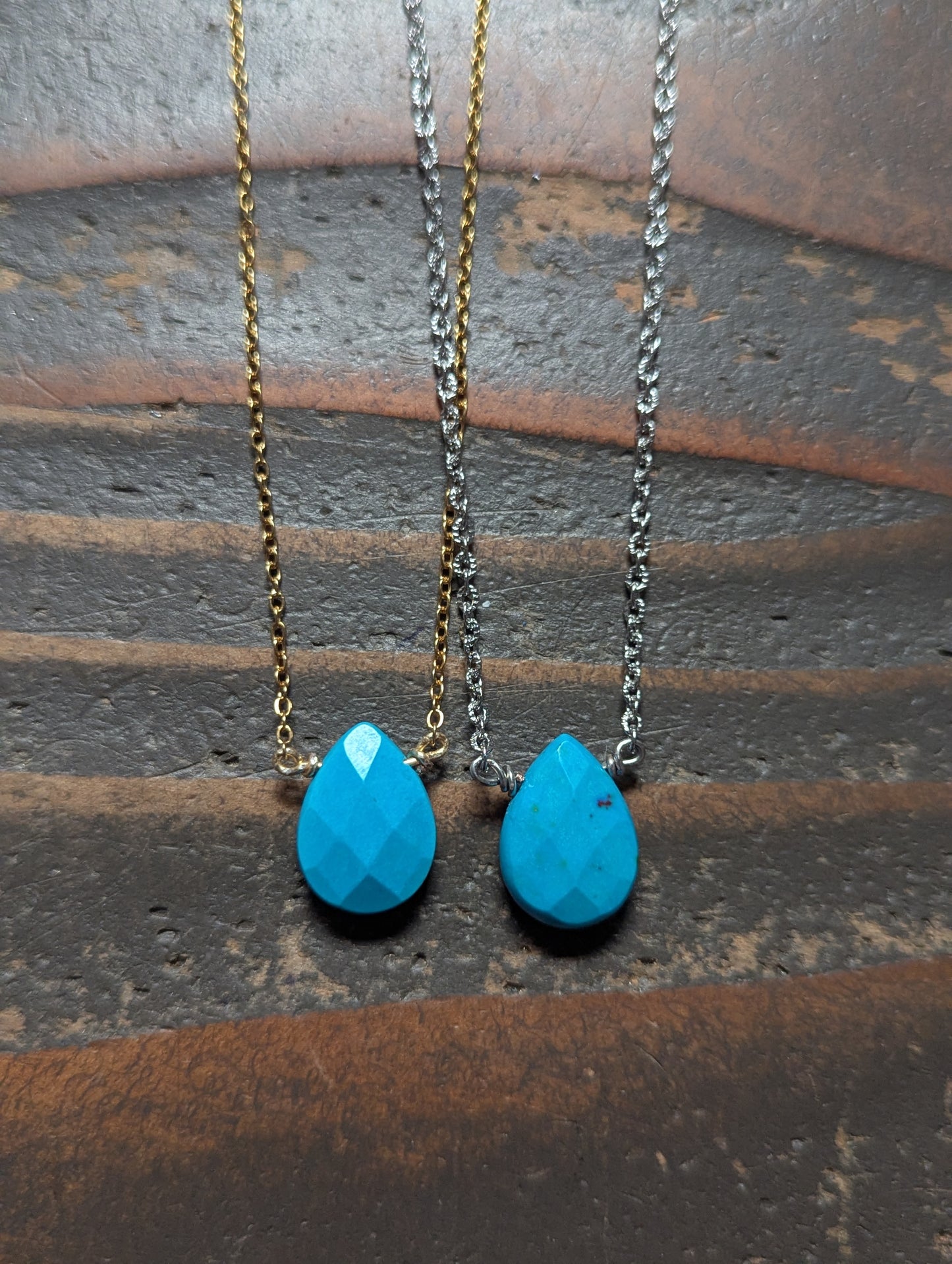 Faceted Turquoise Howlite Tear Drop Necklace (Silver or Gold)