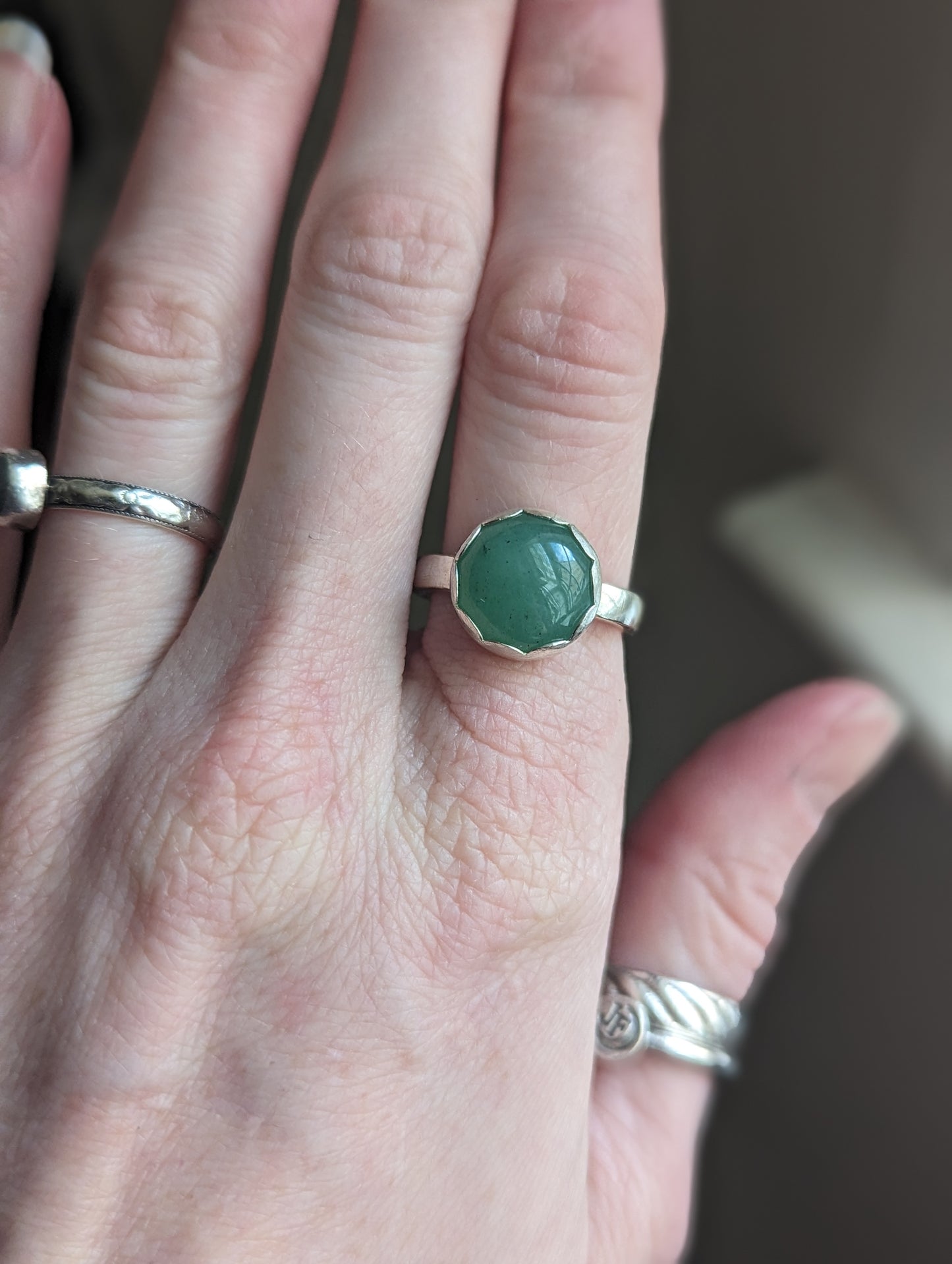 12mm Green Aventurine Round Sterling Silver Ring - Size 7.5