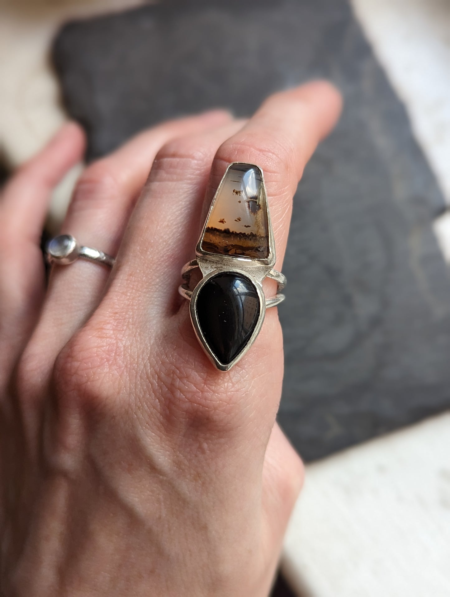 Montana Agate and Onyx Ring - Size 8