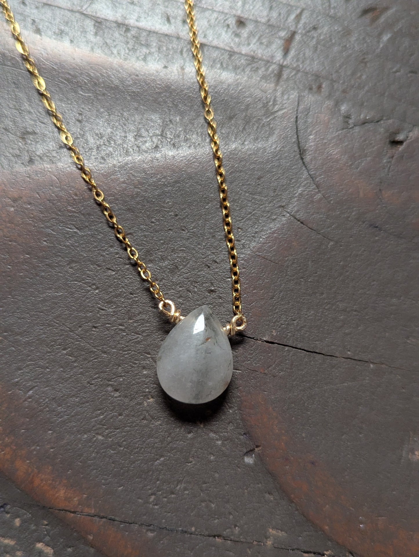 Rutilated Quartz Tear Drop Pendant on Stainless (silver or gold)