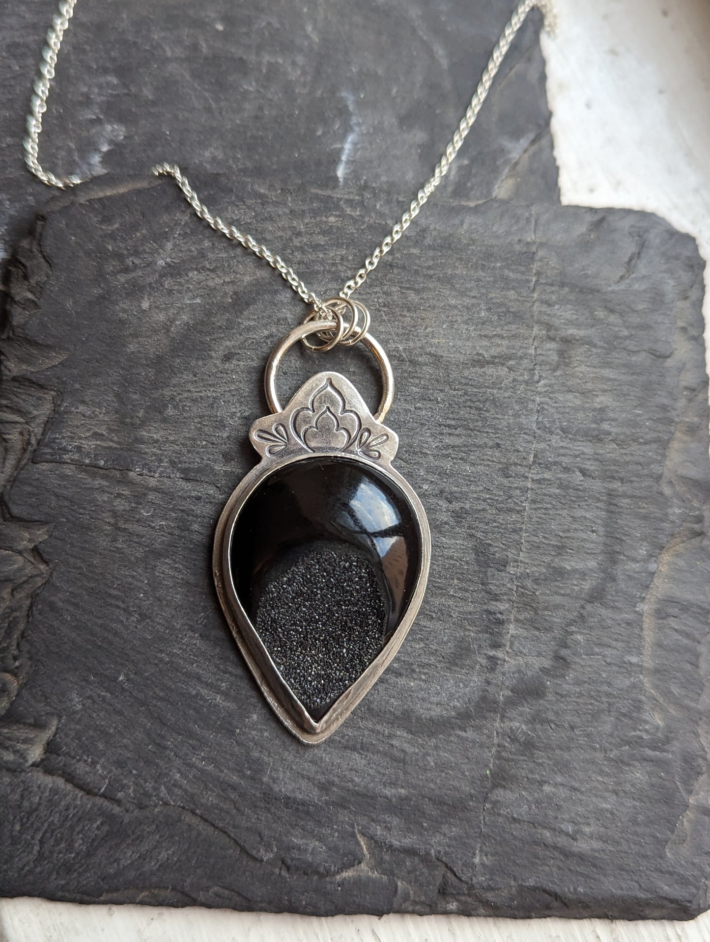 Black Druzy Stamped Sterling Silver Necklace