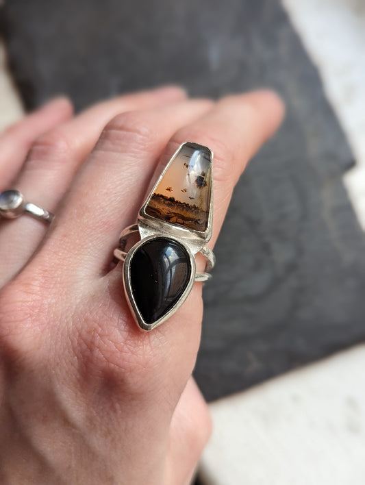 Montana Agate and Onyx Ring - Size 8