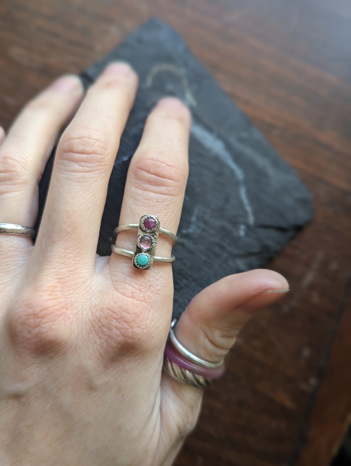 Anillo trío de zafiro, amatista y turquesa - Talla 6