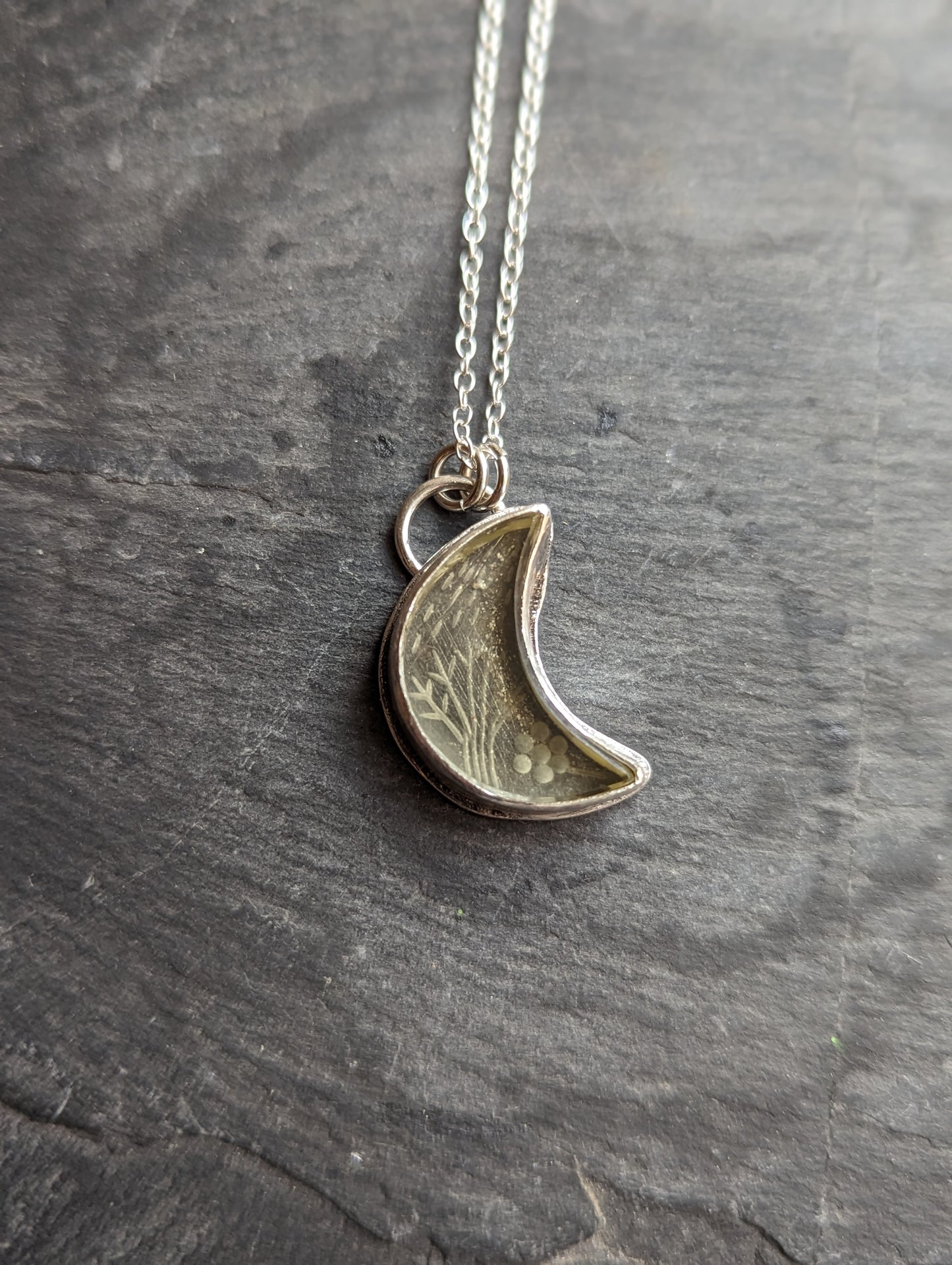 Etched Lemon Quartz Crescent Moon Sterling Silver Necklace