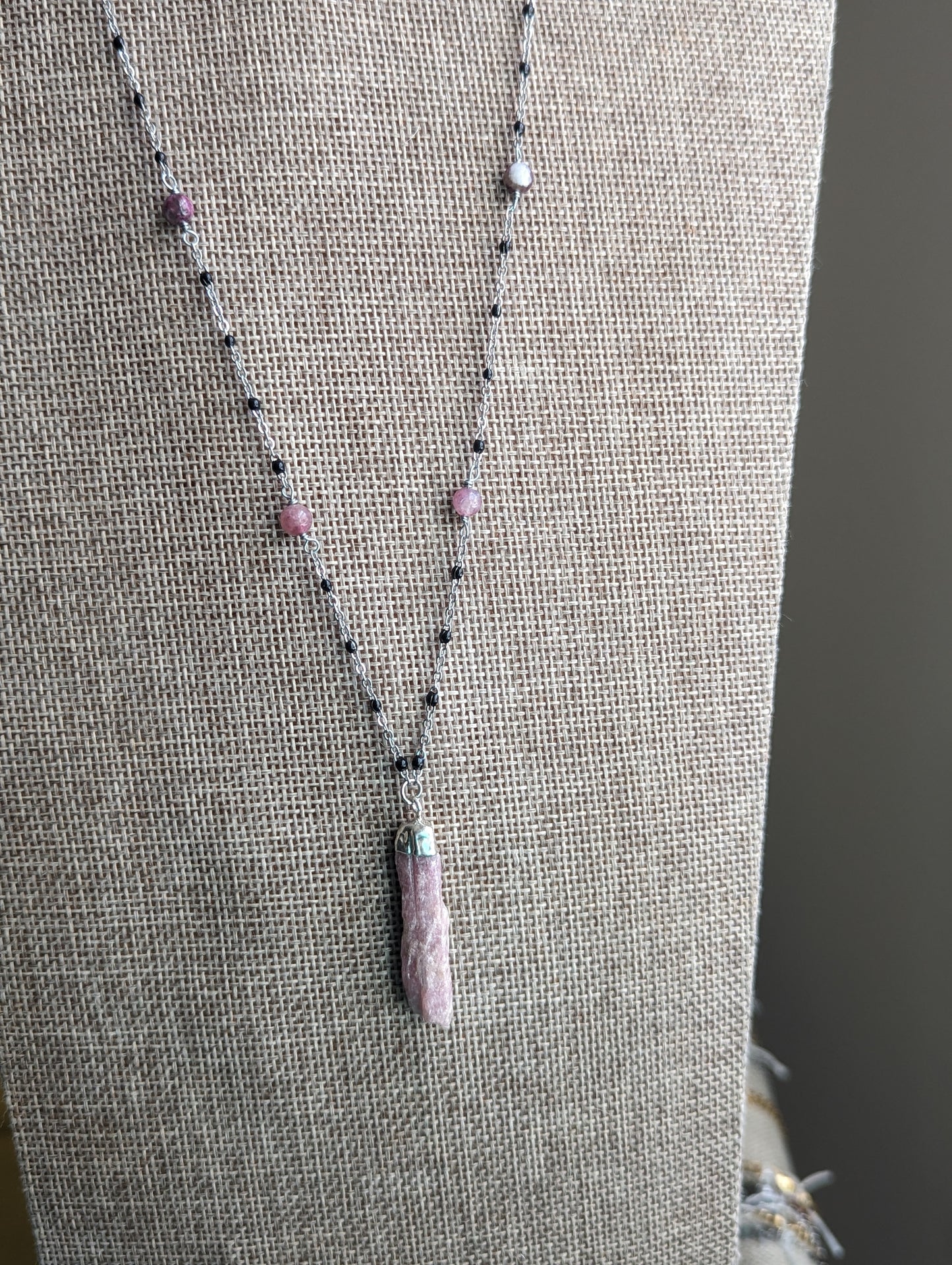 Raw Pink Tourmaline on Beaded Stainless/Black Enamel Necklace
