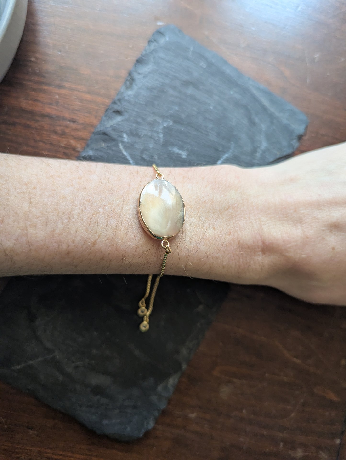 Mother of Pearl Adjustable Slider Bracelet in Gold
