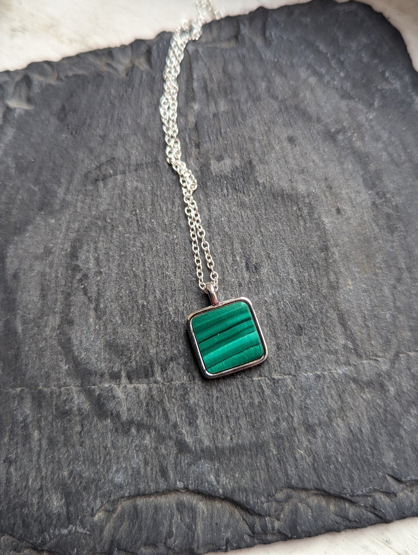 Square Malachite Sterling Silver Necklace