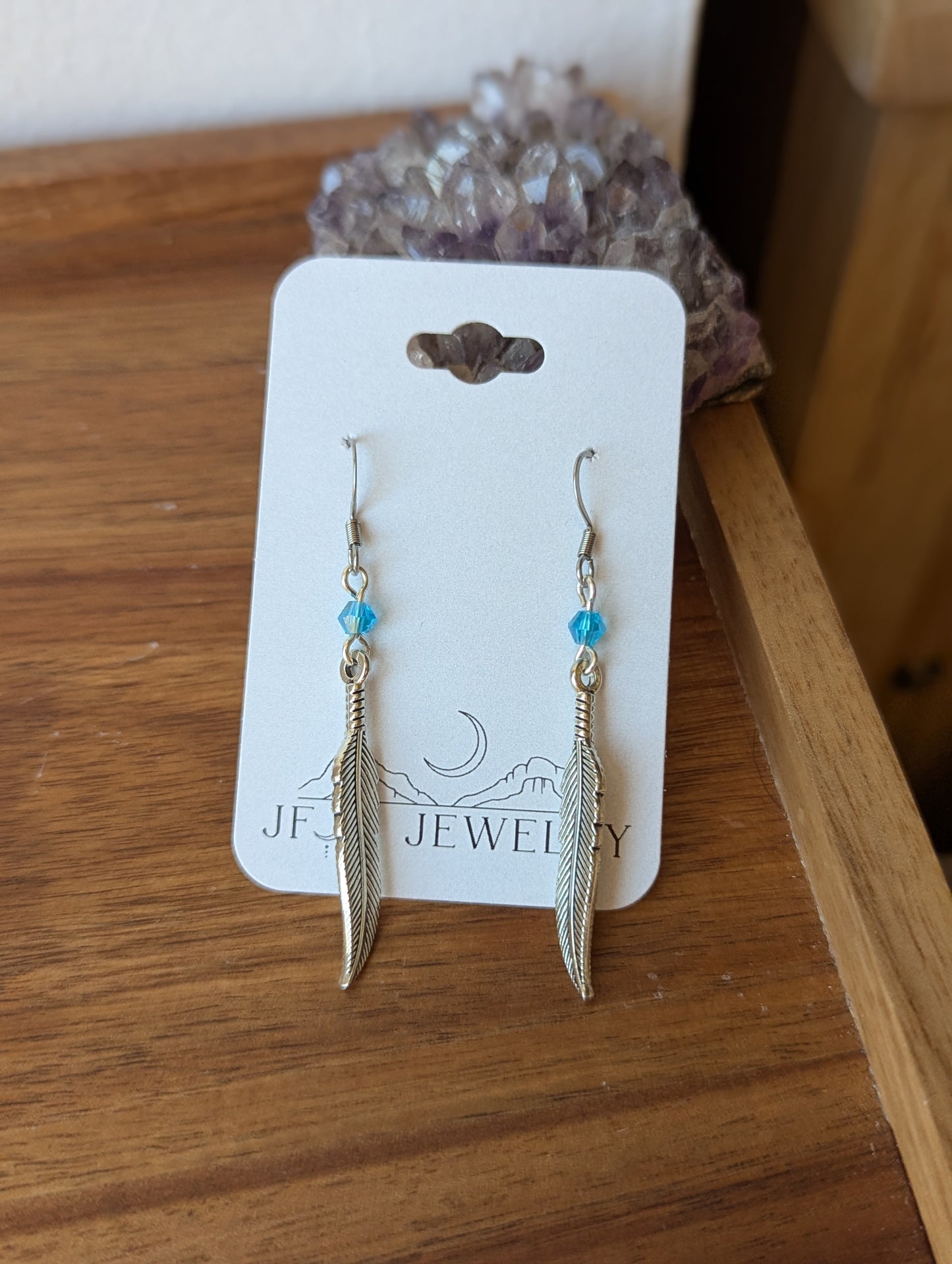 Silver Feather With Blue Accent Bead Earrings