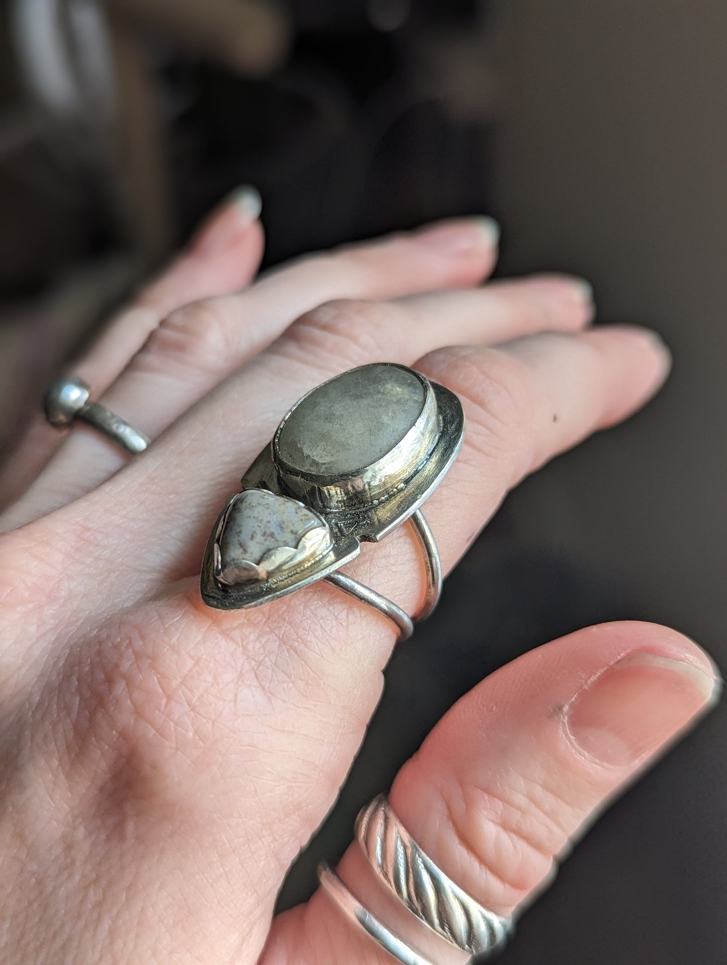 Beach stone and Agate Statement Silver Ring - Size 7