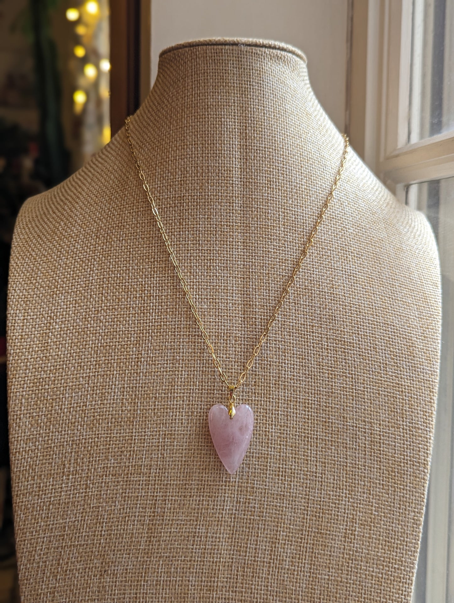 Colgante de corazón de cuarzo rosa (plata u oro) de acero inoxidable