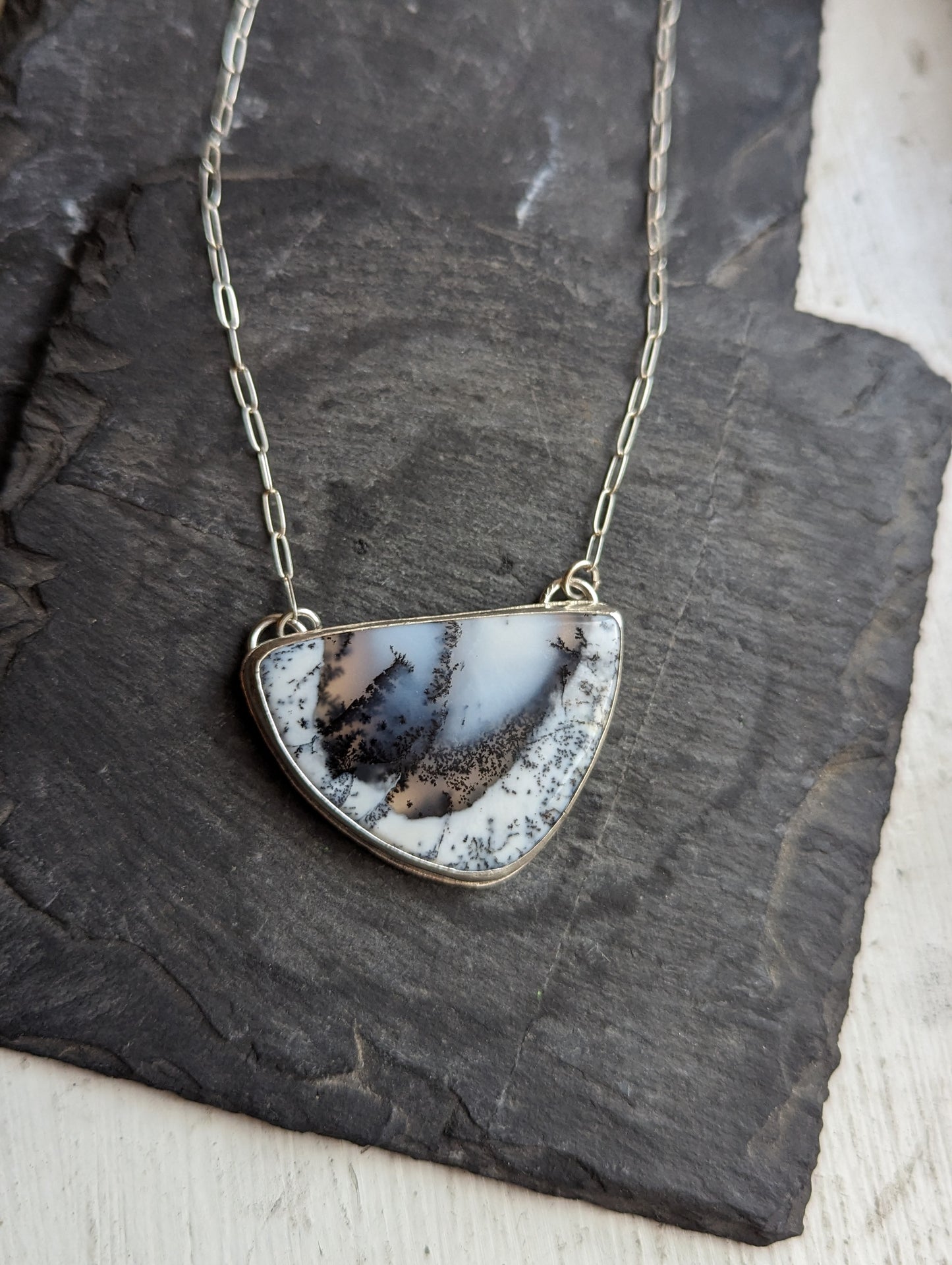 Dendritic Agate Half Moon Sterling Silver Necklace