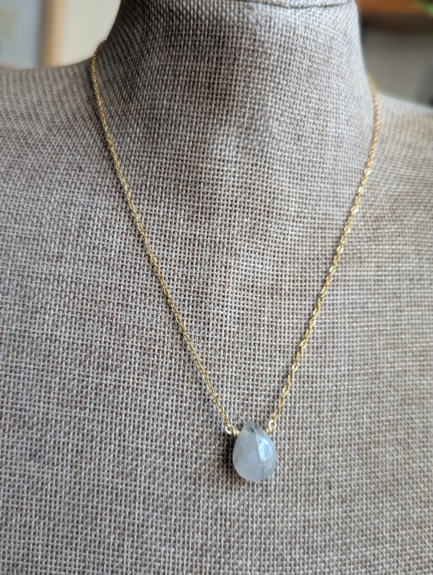 Rutilated Quartz Tear Drop Pendant on Stainless (Silver or Gold)