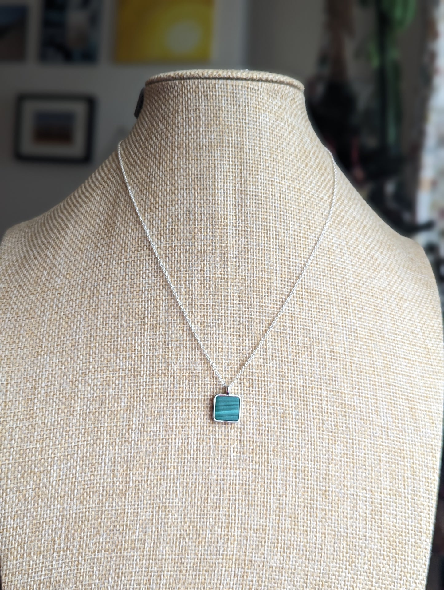 Square Malachite Sterling Silver Necklace