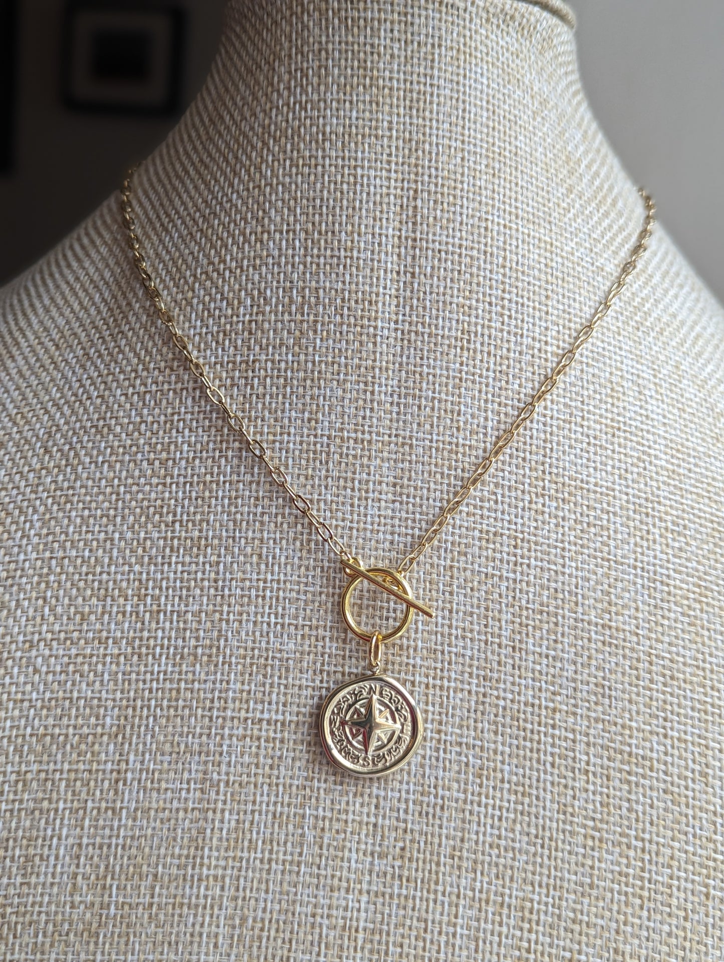 Compass Pendant Toggle Clasp on Gold Paper Clip Chain