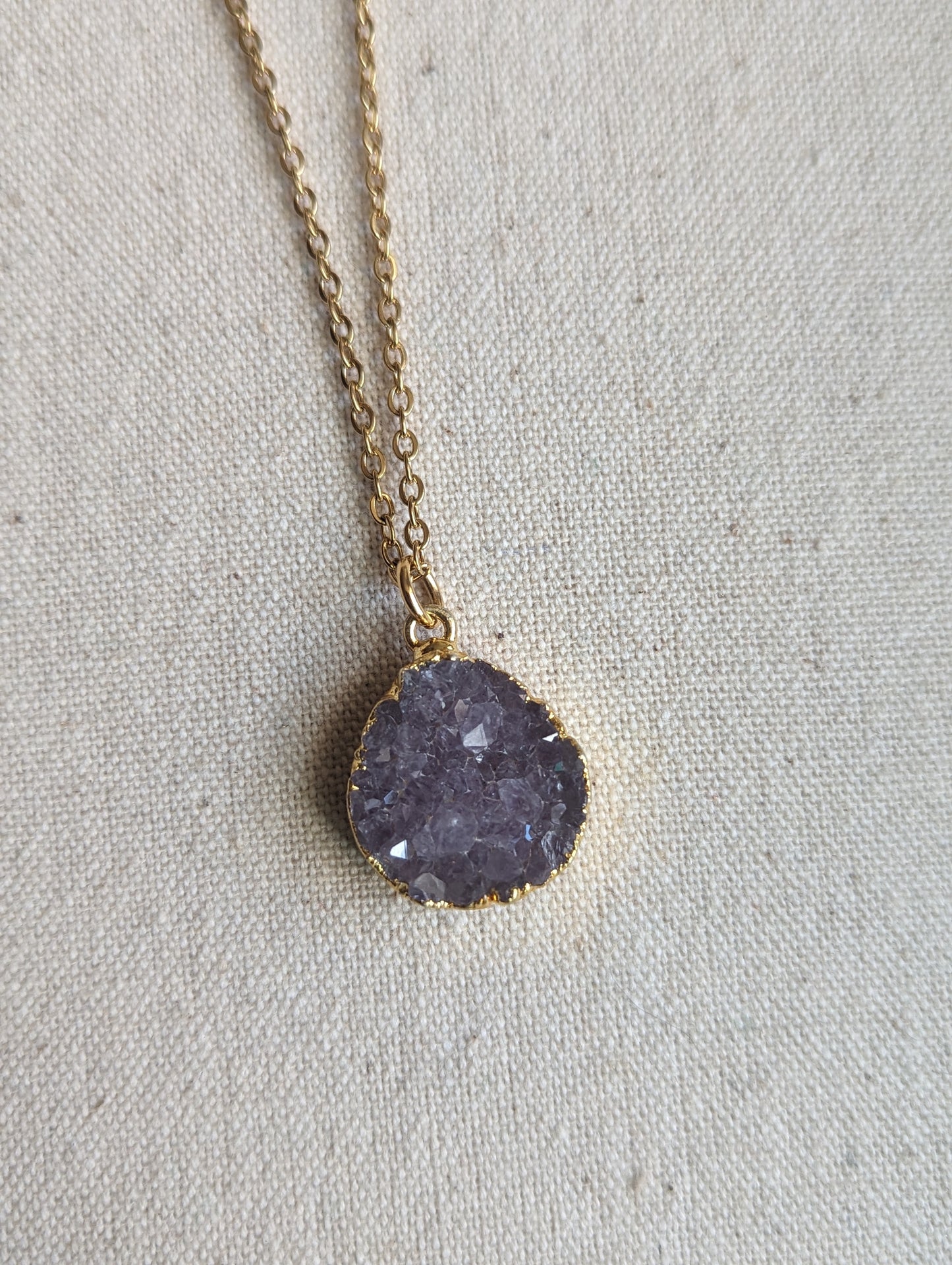 Large Purple Druzy Pendant in Gold Plated Stainless Steel