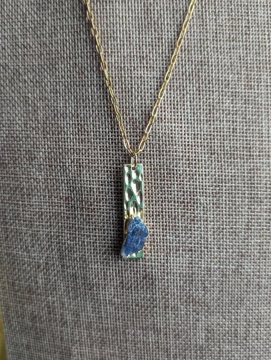 Hammered Gold and Blue Kyanite Pendant on Gold Stainless