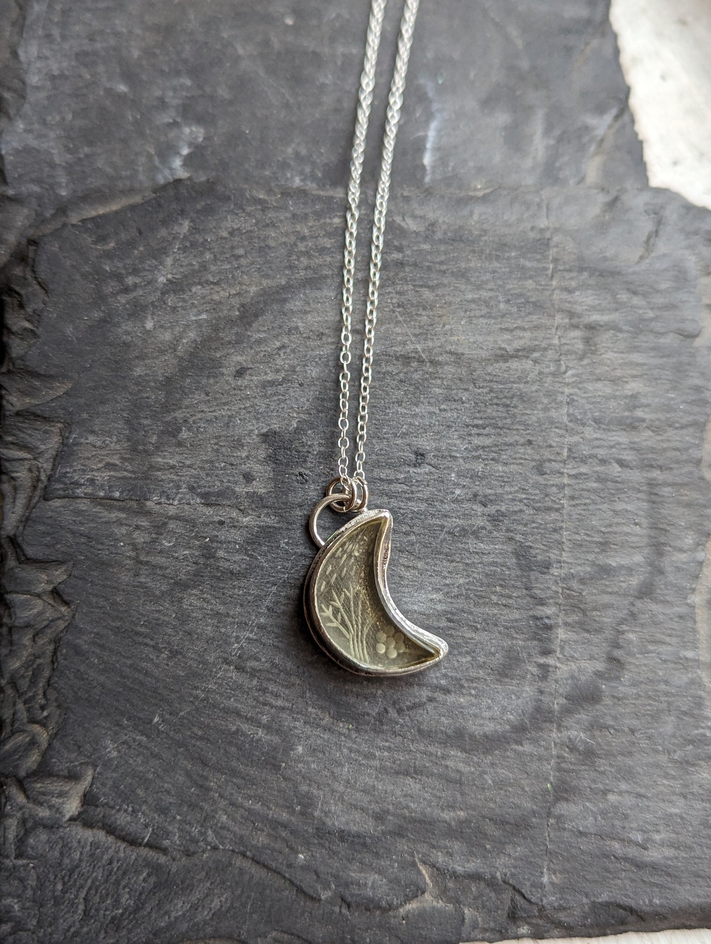 Etched Lemon Quartz Crescent Moon Sterling Silver Necklace