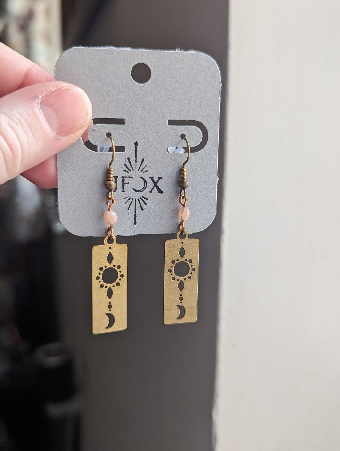 Sun, Moon and Pink Aventurine Earrings - Brass