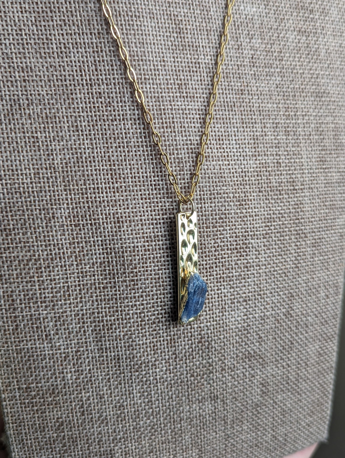 Hammered Gold and Blue Kyanite Pendant on Gold Stainless