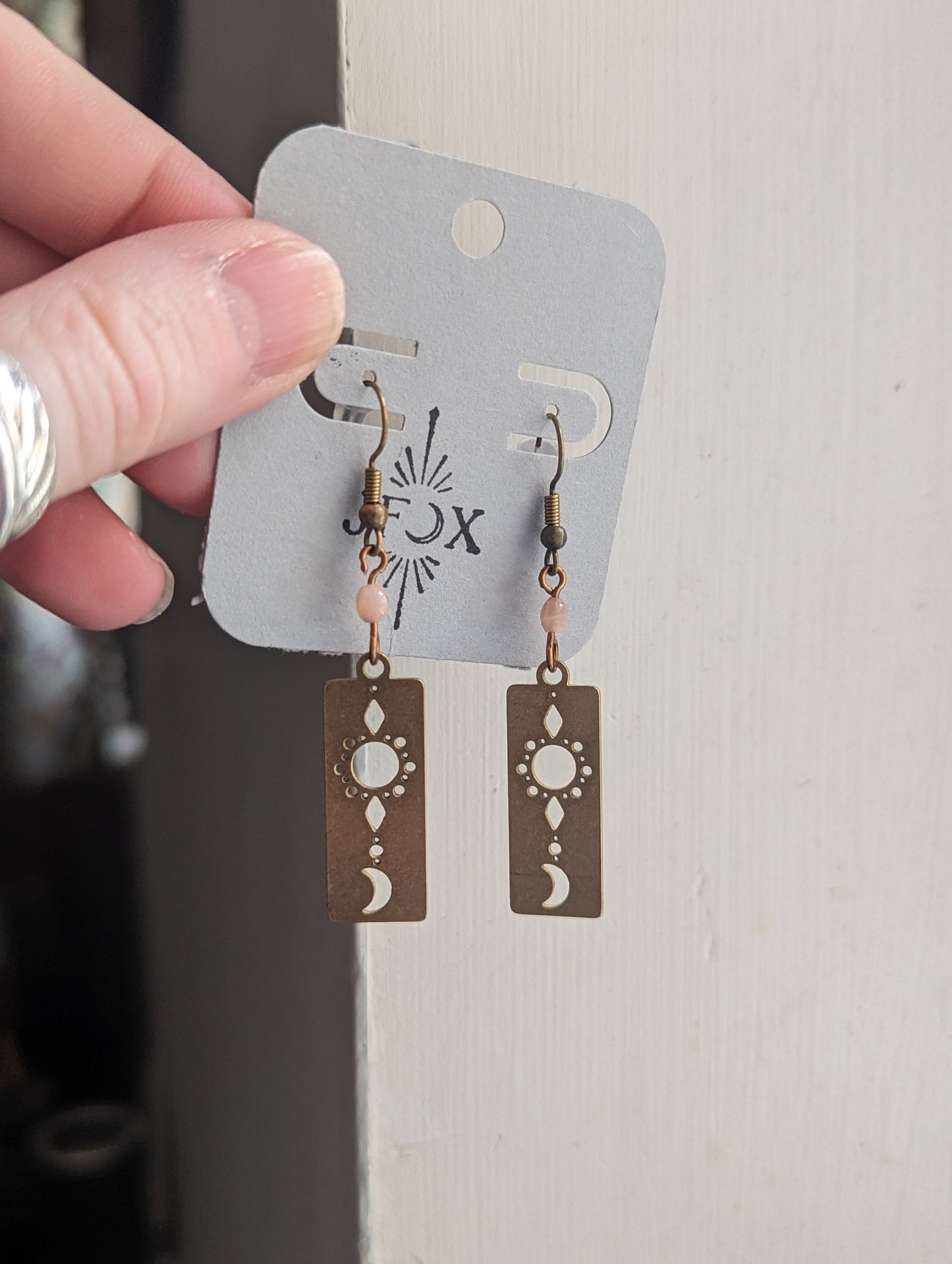 Sun, Moon and Pink Aventurine Earrings - Brass