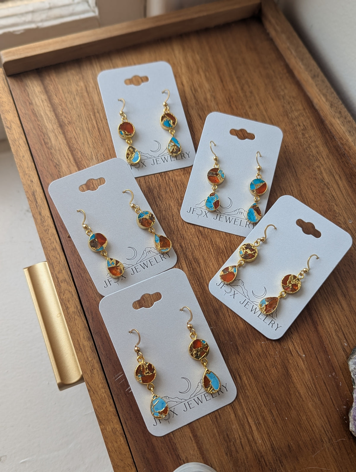 Orange and Turquoise Gold Mosaic Duo Earrings