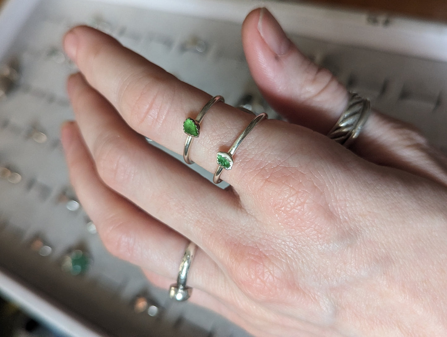 Mini Green Seaglass Sterling Silver Ring - Size 7 and 10