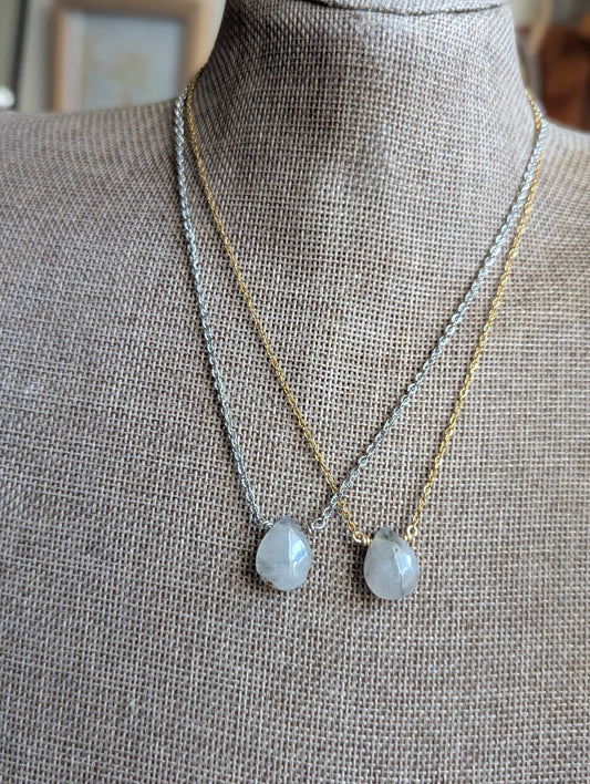 Rutilated Quartz Tear Drop Pendant on Stainless (Silver or Gold)