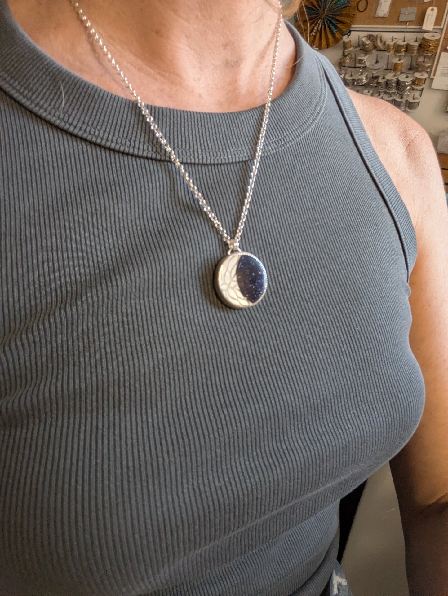 Carved Mother of Pearl Crescent Moon with Blue Goldstone Galaxy Sterling Silver Necklace
