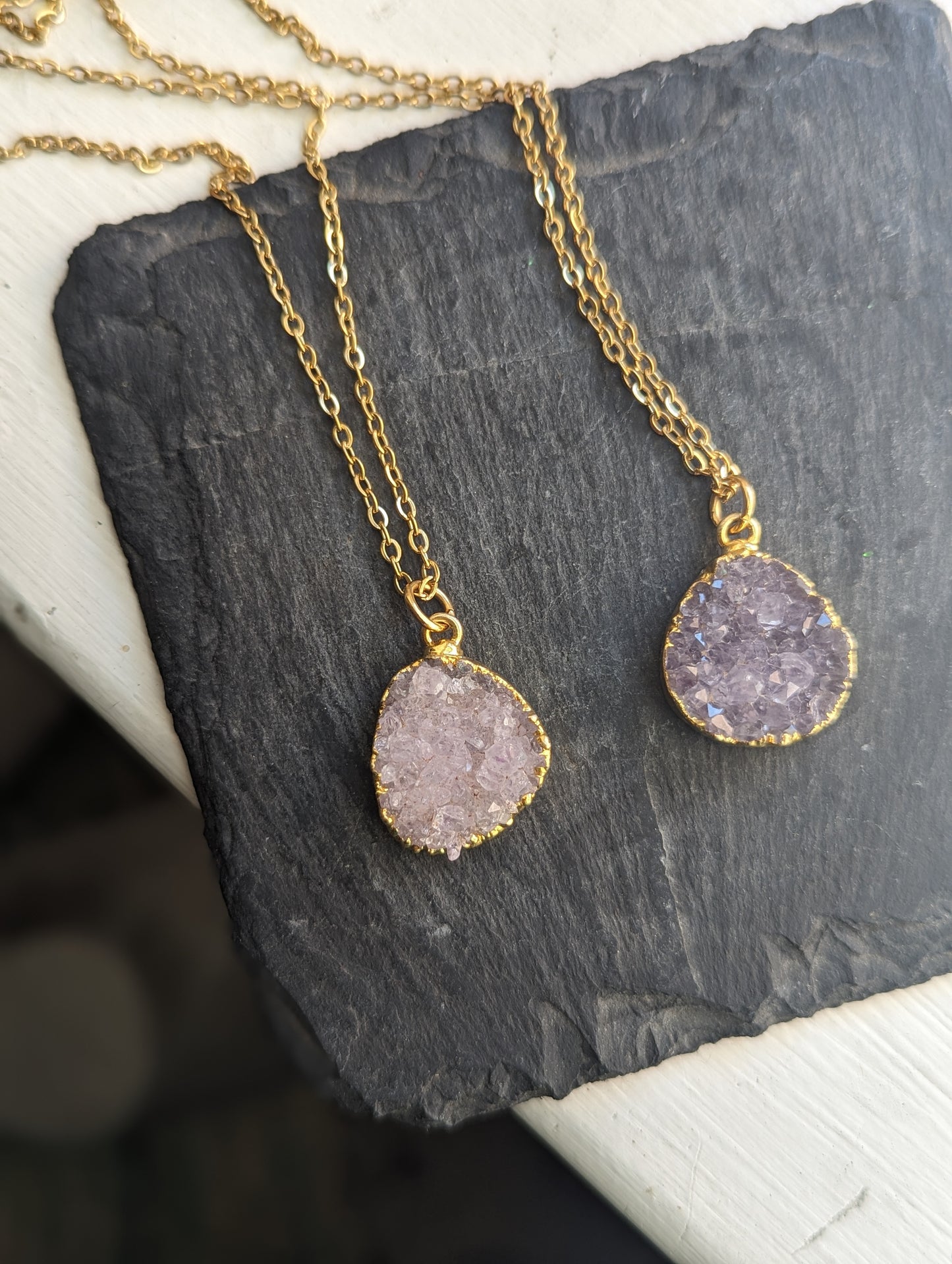 Large Purple Druzy Pendant in Gold Plated Stainless Steel