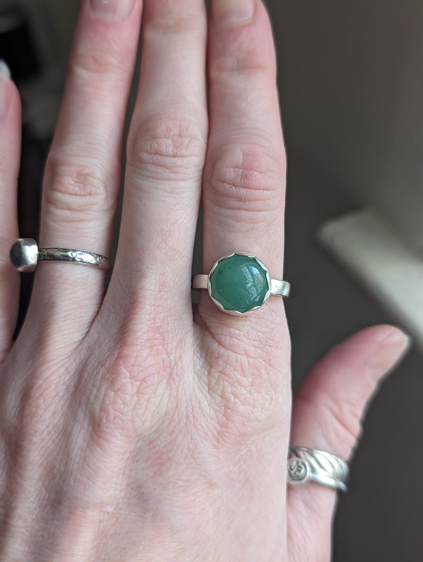 12mm Green Aventurine Round Sterling Silver Ring - Size 7.5