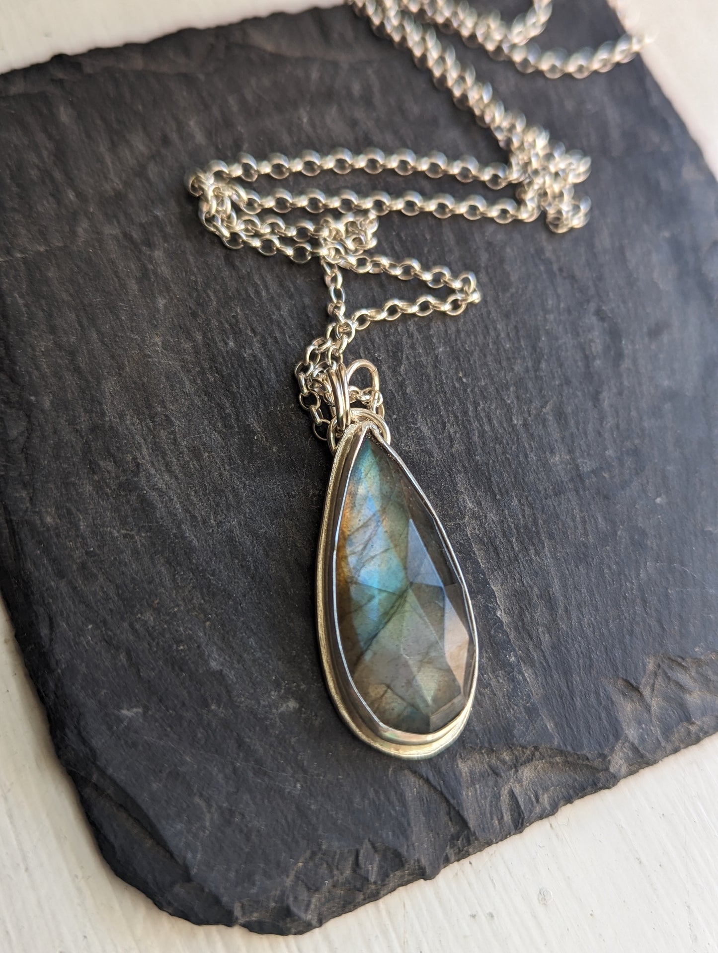 Large Faceted Labradorite Necklace on Sterling Silver