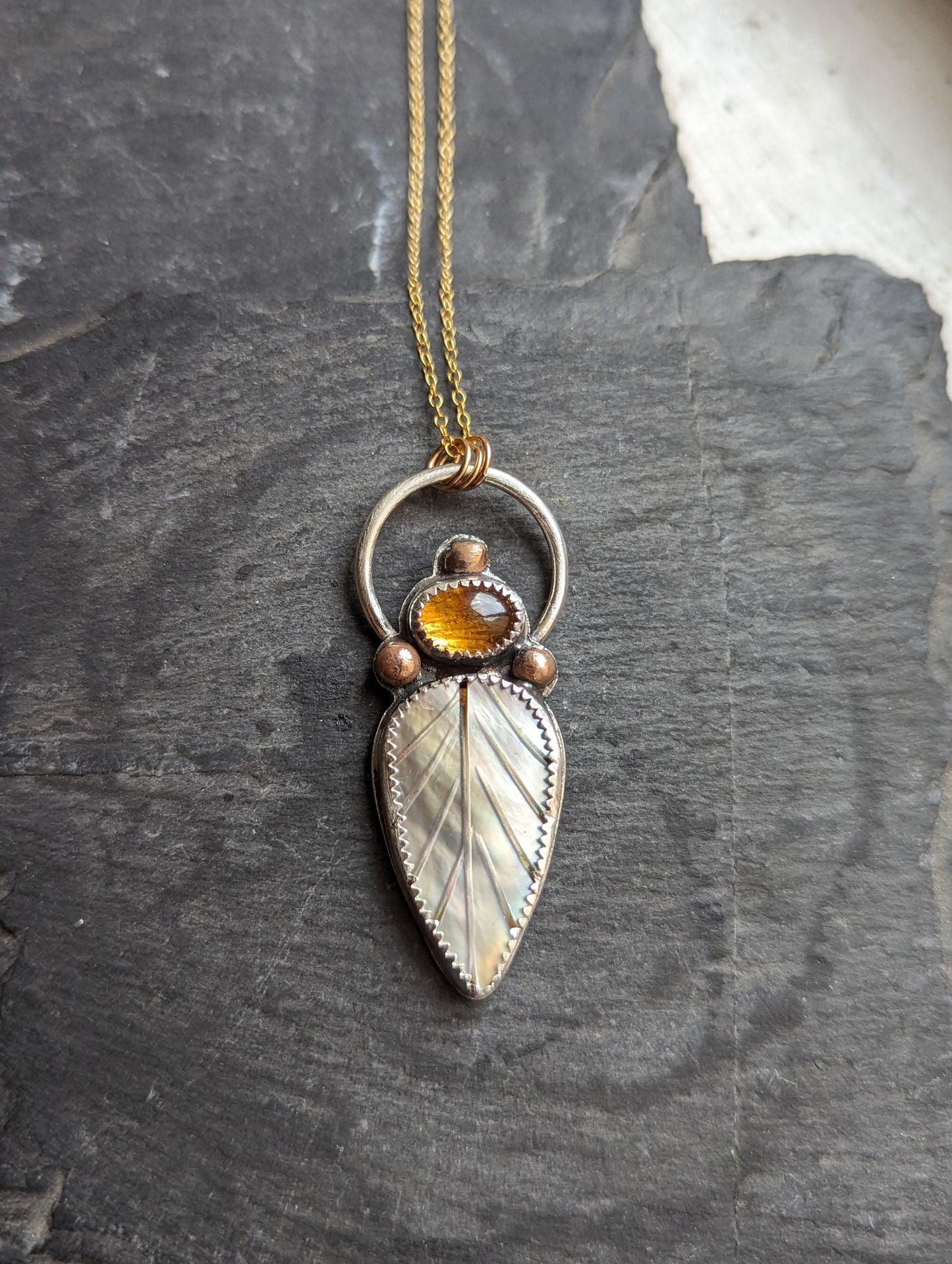 Mother of Pearl Leaf with Citrine Mixed Metal 14kGF and Sterling Silver Necklace