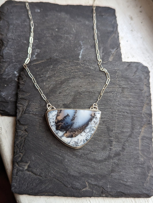 Dendritic Agate Half Moon Sterling Silver Necklace