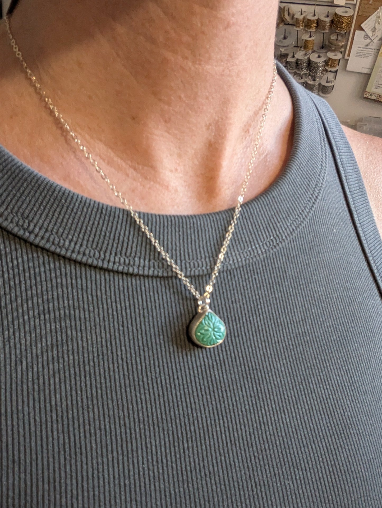 Carved Mandala Turquoise Tear Drop Sterling Silver Necklace