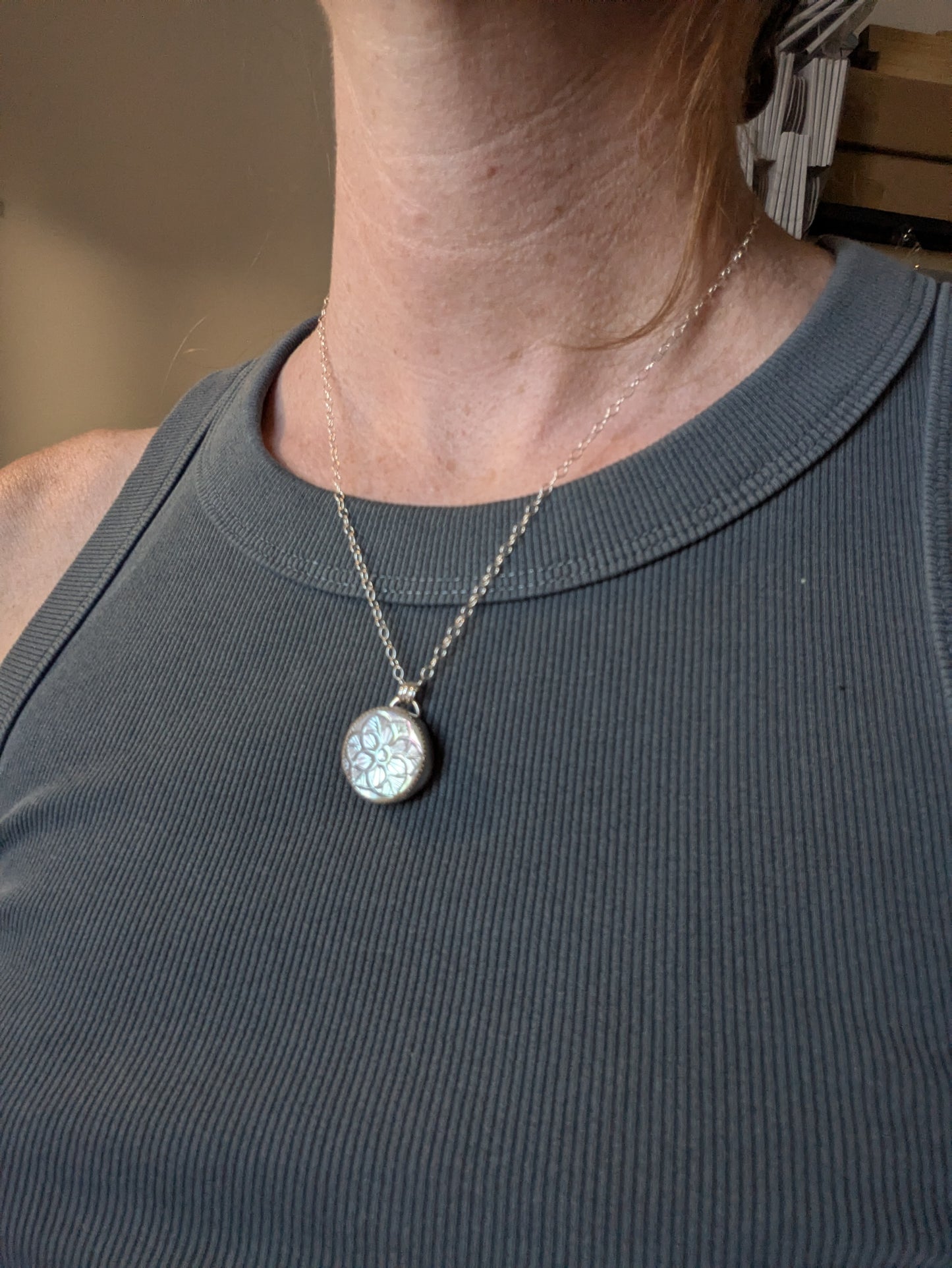 Carved Mother of Pearl Floral Mandala Sterling Silver Necklace