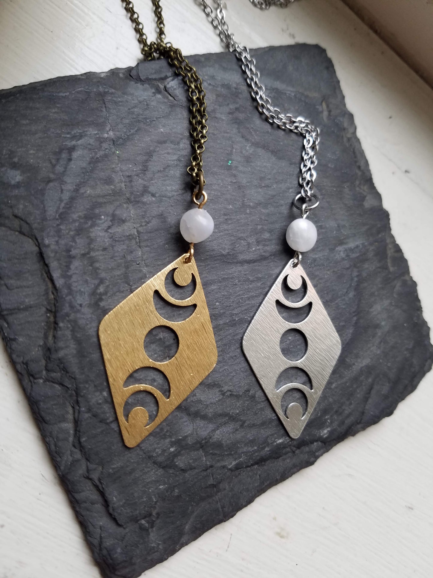 Brass Moon Phase and Moonstone Necklace