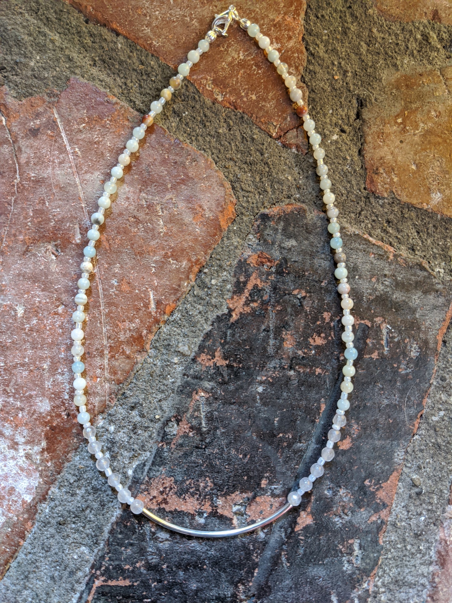 Amazonite with Quartz and Silver Bar Short Statement Necklace