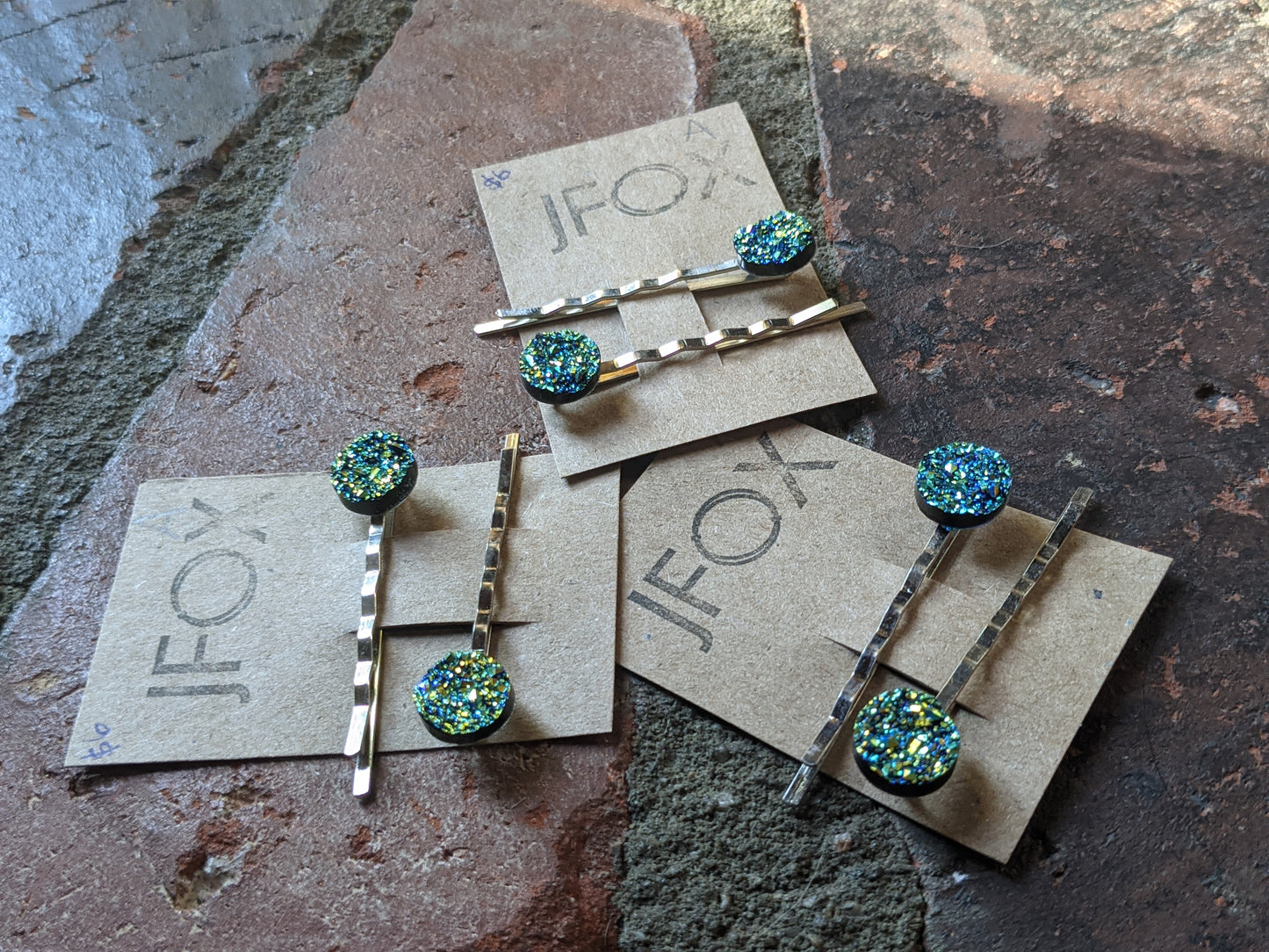 Juego de 2 horquillas con drusa azul y verde