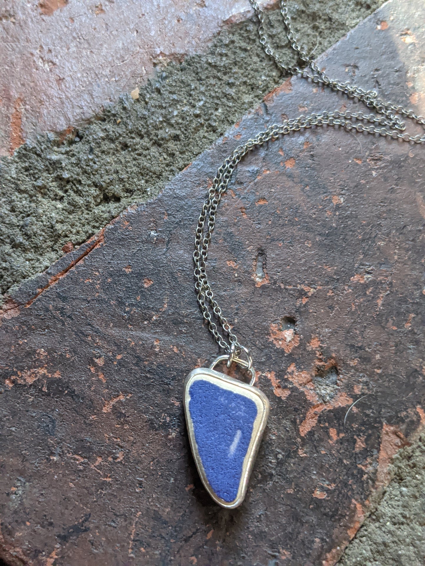 Rare! Ocean Tumbled Blue Tile Pendant on Sterling Silver Chain