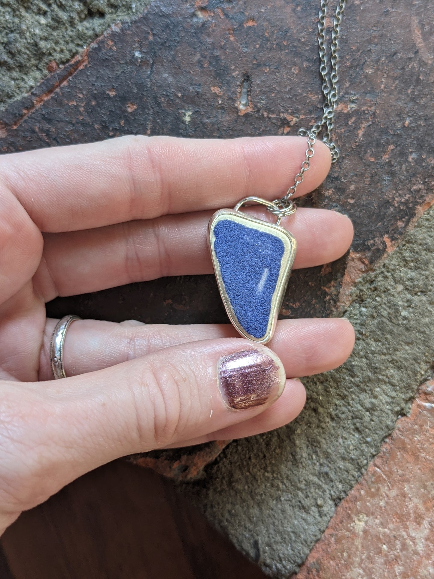 Rare! Ocean Tumbled Blue Tile Pendant on Sterling Silver Chain