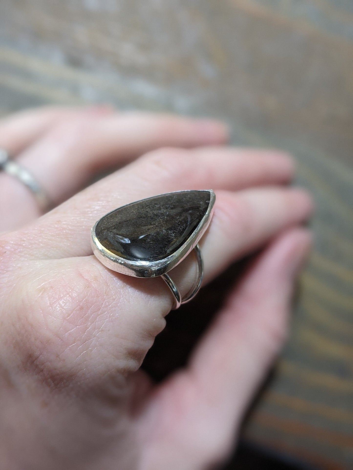 Sheen Obsidian Tear Drop Ring - (MTO)