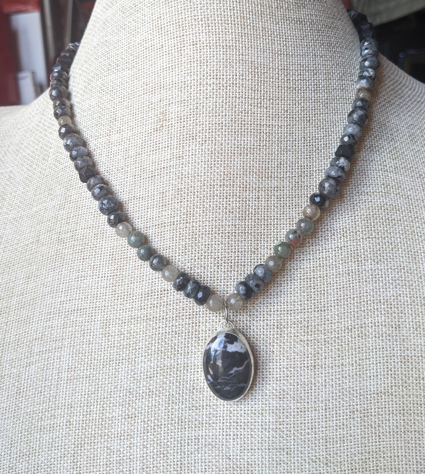 Sterling Silver Larvikite Labradorite and Onyx Short Statement Necklace