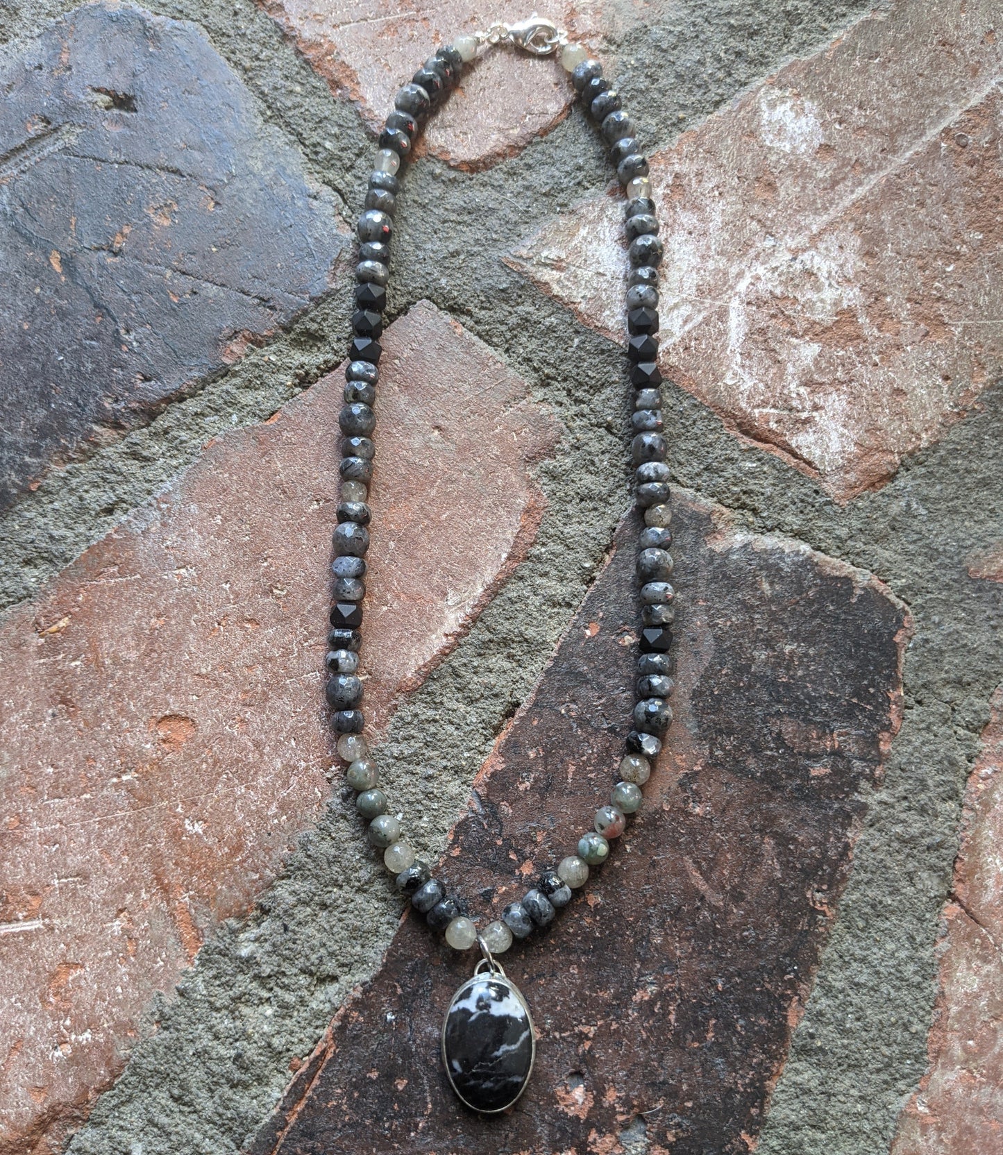 Sterling Silver Larvikite Labradorite and Onyx Short Statement Necklace