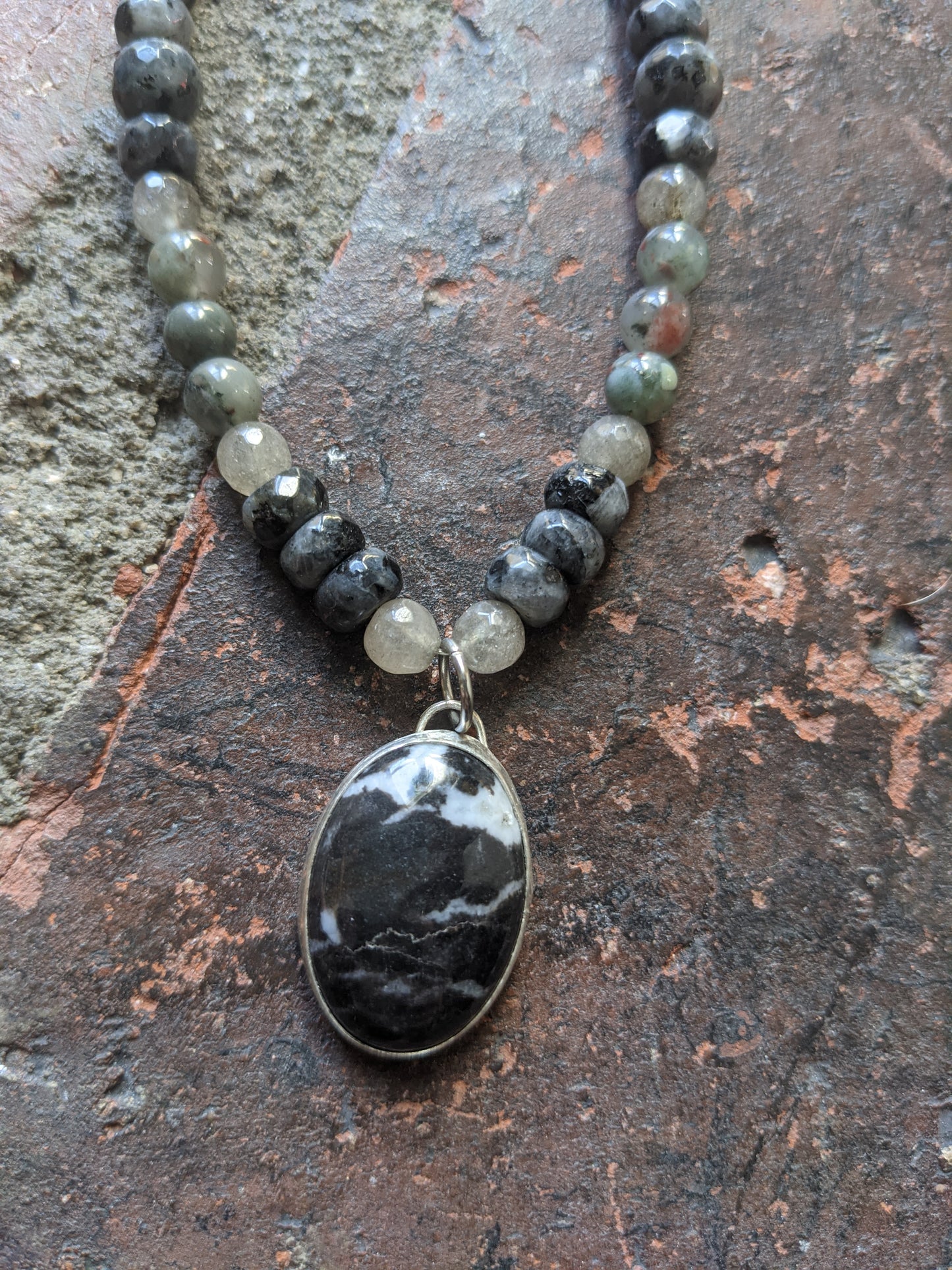 Sterling Silver Larvikite Labradorite and Onyx Short Statement Necklace