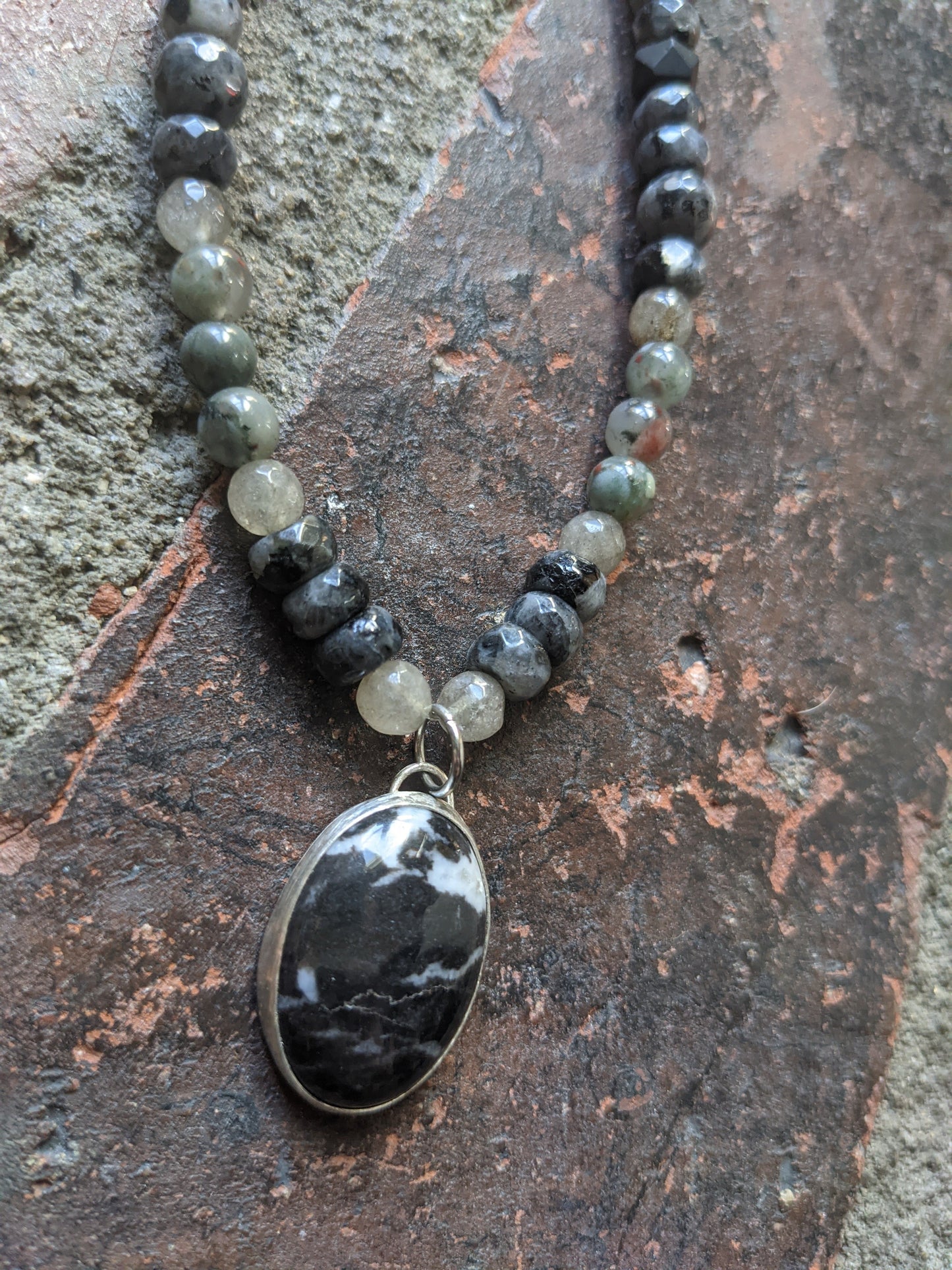 Sterling Silver Larvikite Labradorite and Onyx Short Statement Necklace